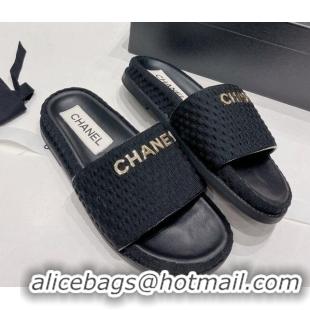 Good Product Chanel Tweed Flat Slide Sandals Black 071802