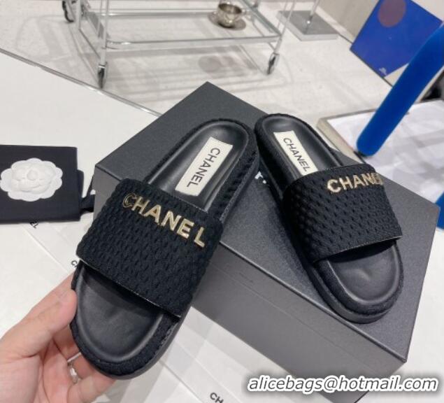 Good Product Chanel Tweed Flat Slide Sandals Black 071802