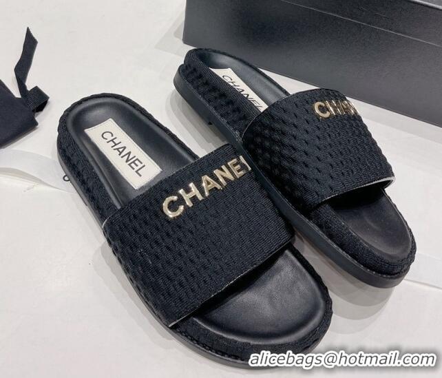 Good Product Chanel Tweed Flat Slide Sandals Black 071802