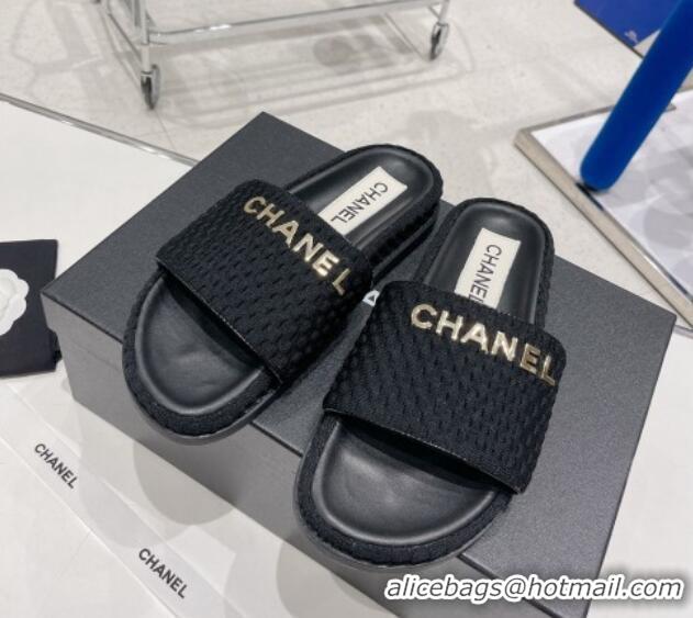 Good Product Chanel Tweed Flat Slide Sandals Black 071802