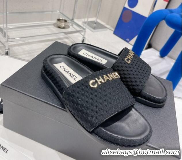 Good Product Chanel Tweed Flat Slide Sandals Black 071802