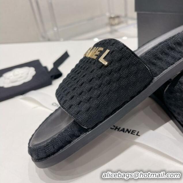 Good Product Chanel Tweed Flat Slide Sandals Black 071802