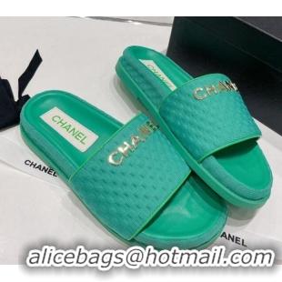 Good Quality Chanel Tweed Flat Slide Sandals Green 071803