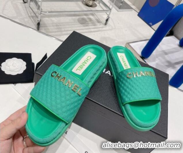 Good Quality Chanel Tweed Flat Slide Sandals Green 071803