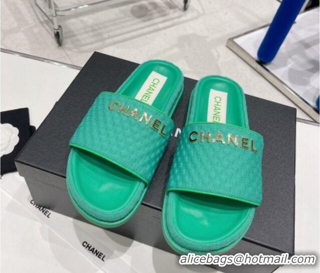 Good Quality Chanel Tweed Flat Slide Sandals Green 071803