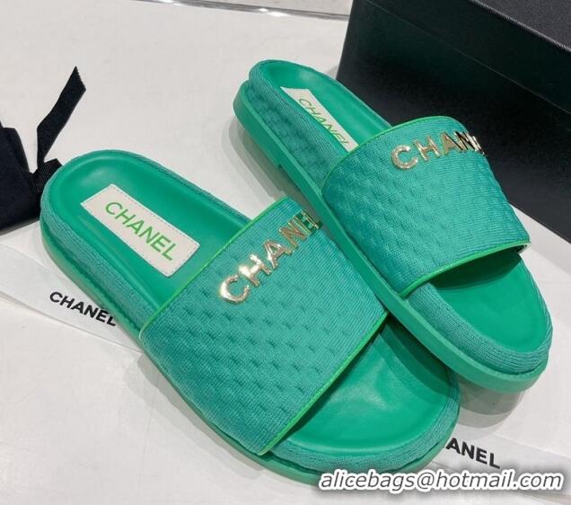 Good Quality Chanel Tweed Flat Slide Sandals Green 071803