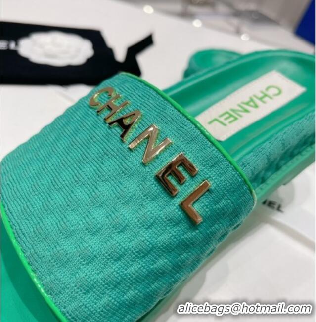 Good Quality Chanel Tweed Flat Slide Sandals Green 071803