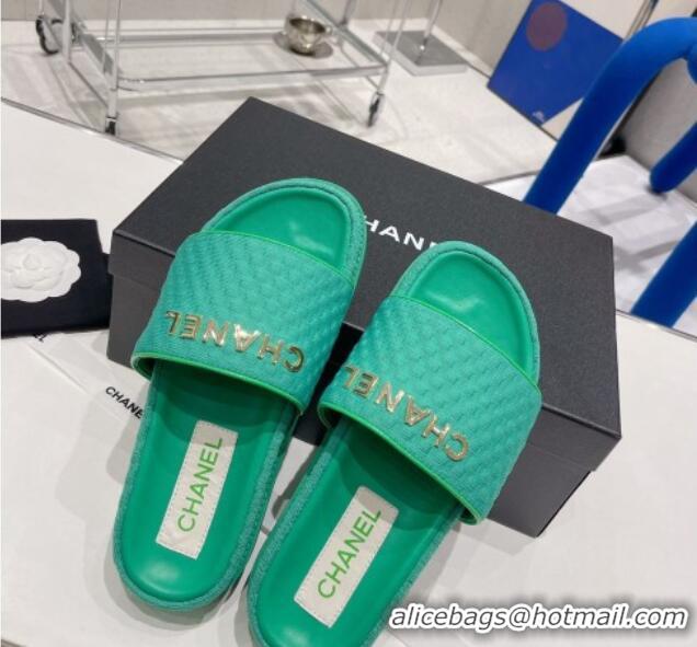 Good Quality Chanel Tweed Flat Slide Sandals Green 071803