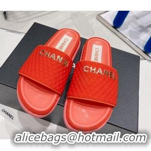 Hot Style Chanel Tweed Flat Slide Sandals Red 071805