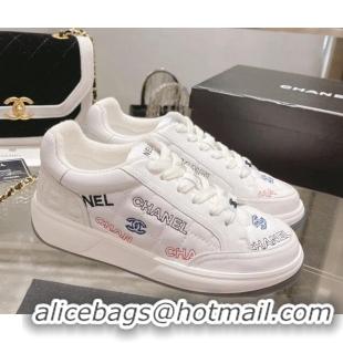 Grade Quality Chanel Embroidered Logo Leather Sneakers White 071806