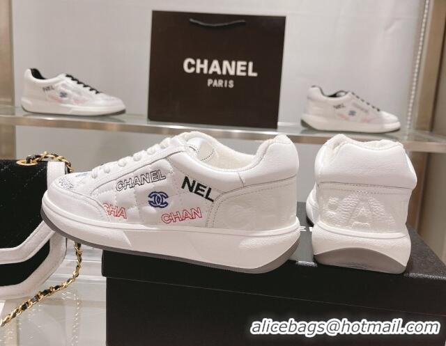 Grade Quality Chanel Embroidered Logo Leather Sneakers White 071806