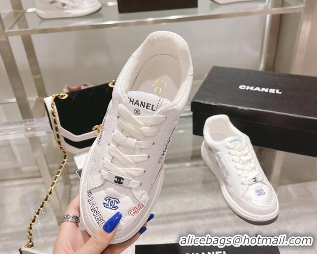 Grade Quality Chanel Embroidered Logo Leather Sneakers White 071806