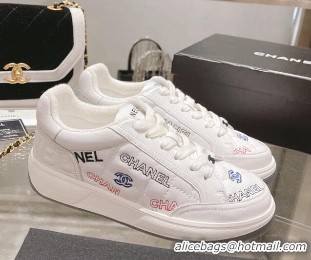 Grade Quality Chanel Embroidered Logo Leather Sneakers White 071806