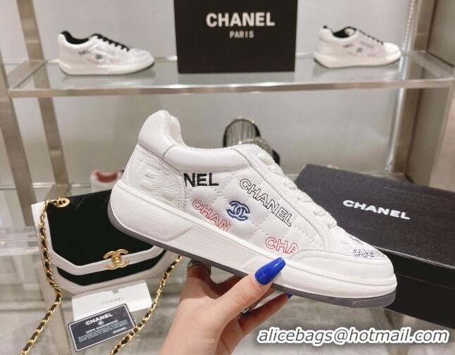 Grade Quality Chanel Embroidered Logo Leather Sneakers White 071806