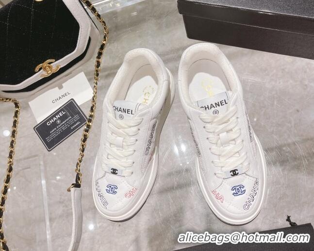 Grade Quality Chanel Embroidered Logo Leather Sneakers White 071806