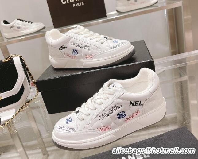 Grade Quality Chanel Embroidered Logo Leather Sneakers White 071806