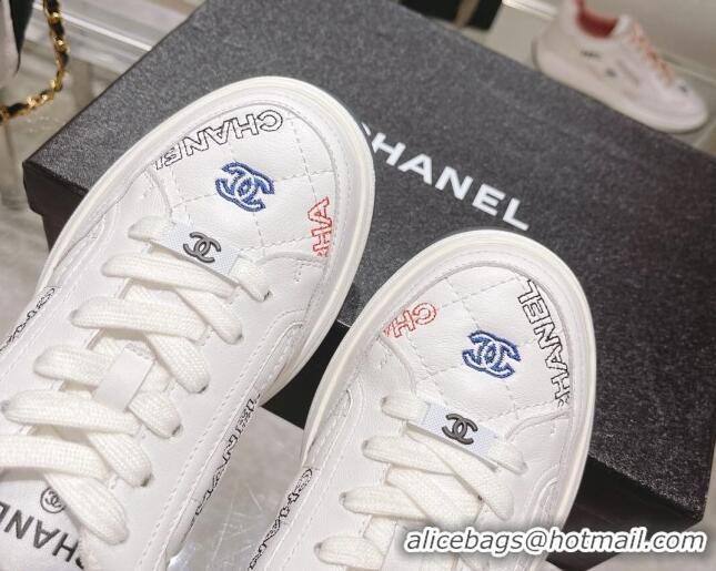 Grade Quality Chanel Embroidered Logo Leather Sneakers White 071806