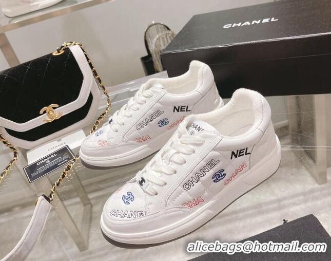 Grade Quality Chanel Embroidered Logo Leather Sneakers White 071806