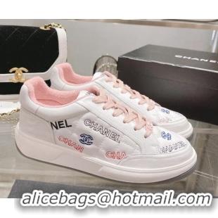 Low Price Chanel Embroidered Logo Leather Sneakers White/Pink 071807