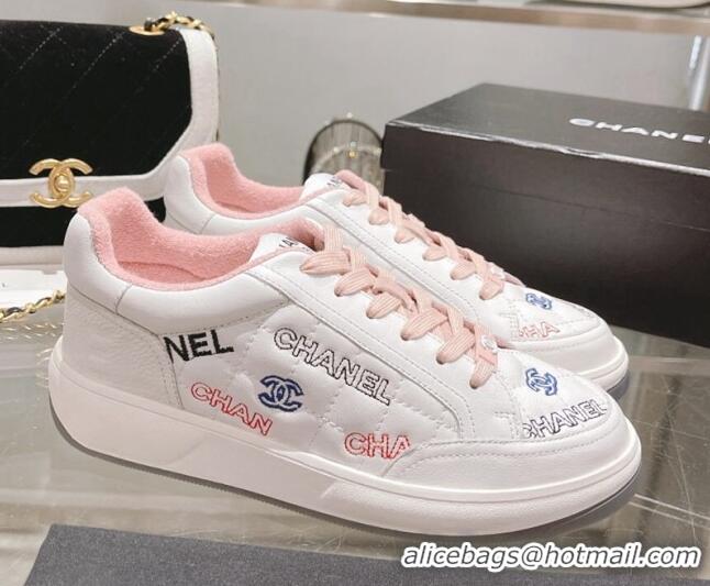 Low Price Chanel Embroidered Logo Leather Sneakers White/Pink 071807