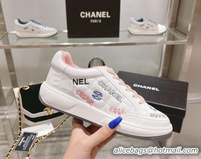 Low Price Chanel Embroidered Logo Leather Sneakers White/Pink 071807