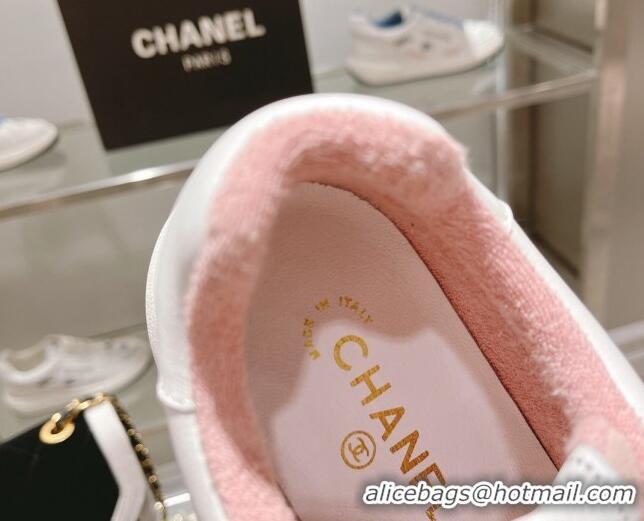 Low Price Chanel Embroidered Logo Leather Sneakers White/Pink 071807