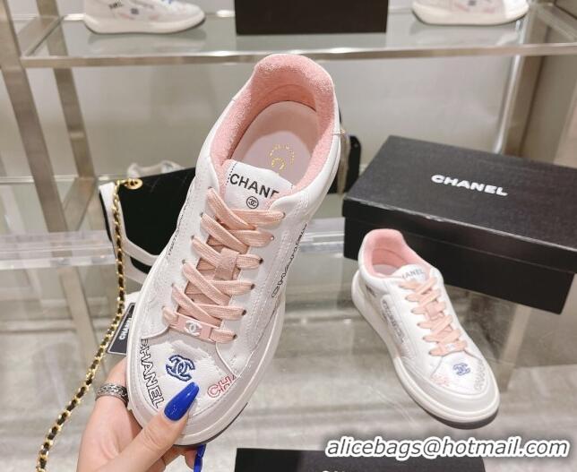 Low Price Chanel Embroidered Logo Leather Sneakers White/Pink 071807