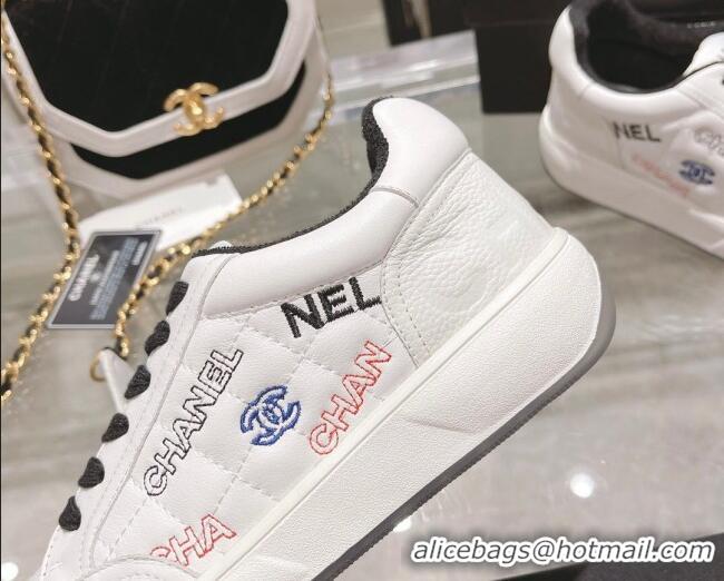 Low Price Chanel Embroidered Logo Leather Sneakers White/Pink 071807