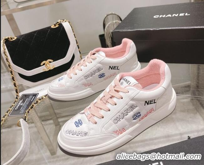 Low Price Chanel Embroidered Logo Leather Sneakers White/Pink 071807