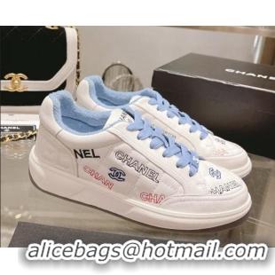 Luxury Chanel Embroidered Logo Leather Sneakers White/Blue 071808