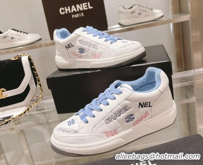 Luxury Chanel Embroidered Logo Leather Sneakers White/Blue 071808