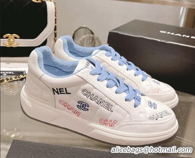 Luxury Chanel Embroidered Logo Leather Sneakers White/Blue 071808