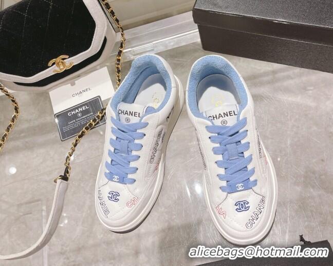 Luxury Chanel Embroidered Logo Leather Sneakers White/Blue 071808