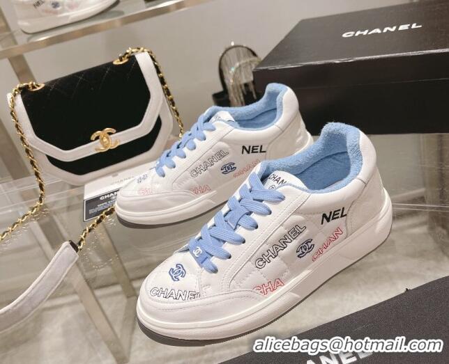 Luxury Chanel Embroidered Logo Leather Sneakers White/Blue 071808