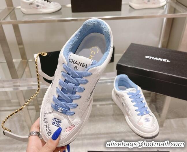 Luxury Chanel Embroidered Logo Leather Sneakers White/Blue 071808