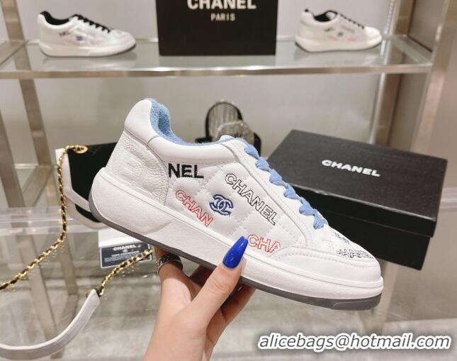 Luxury Chanel Embroidered Logo Leather Sneakers White/Blue 071808