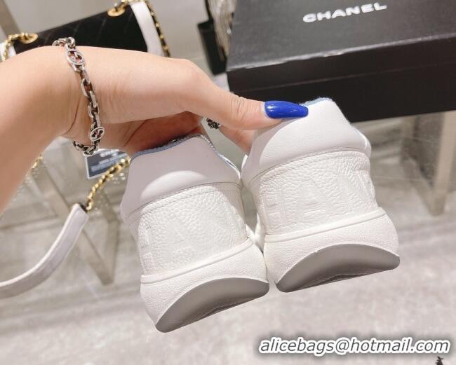 Luxury Chanel Embroidered Logo Leather Sneakers White/Blue 071808