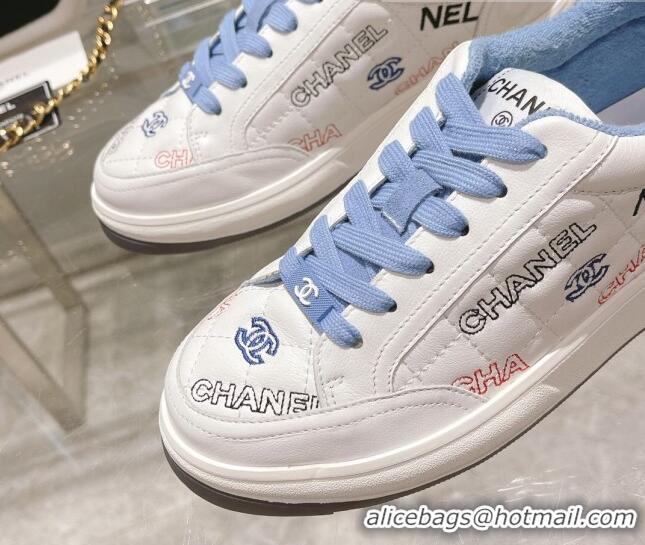 Luxury Chanel Embroidered Logo Leather Sneakers White/Blue 071808