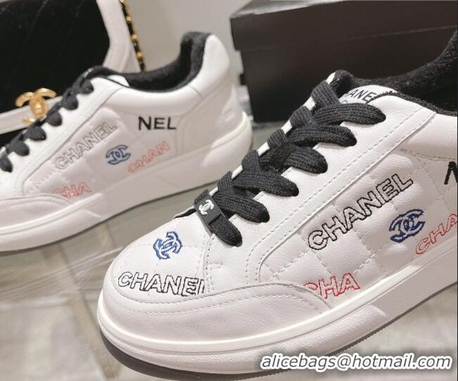 Stylish Chanel Embroidered Logo Leather Sneakers White/Black 071809