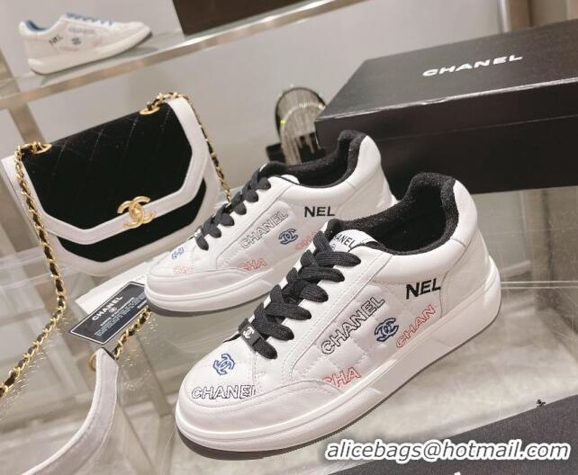 Stylish Chanel Embroidered Logo Leather Sneakers White/Black 071809