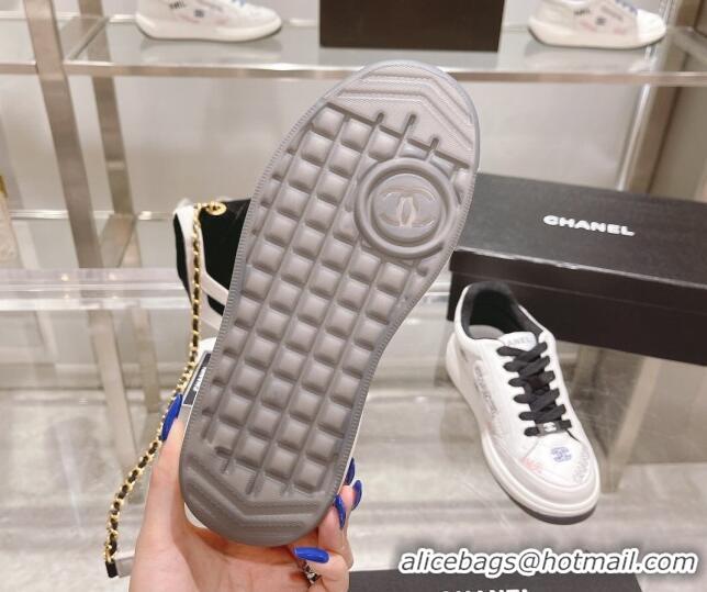 Stylish Chanel Embroidered Logo Leather Sneakers White/Black 071809