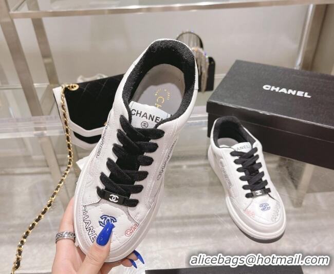 Stylish Chanel Embroidered Logo Leather Sneakers White/Black 071809