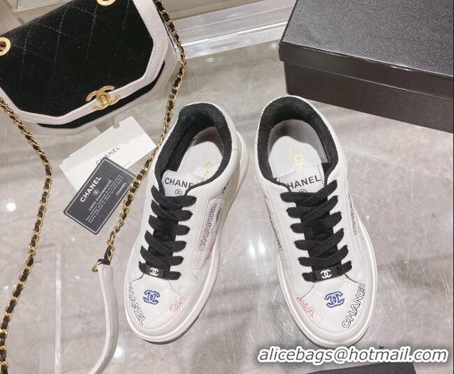 Stylish Chanel Embroidered Logo Leather Sneakers White/Black 071809