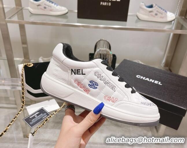 Stylish Chanel Embroidered Logo Leather Sneakers White/Black 071809