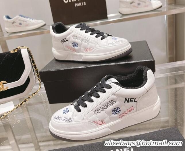 Stylish Chanel Embroidered Logo Leather Sneakers White/Black 071809