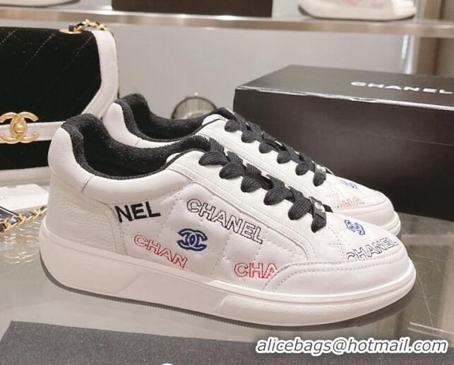 Stylish Chanel Embroidered Logo Leather Sneakers White/Black 071809