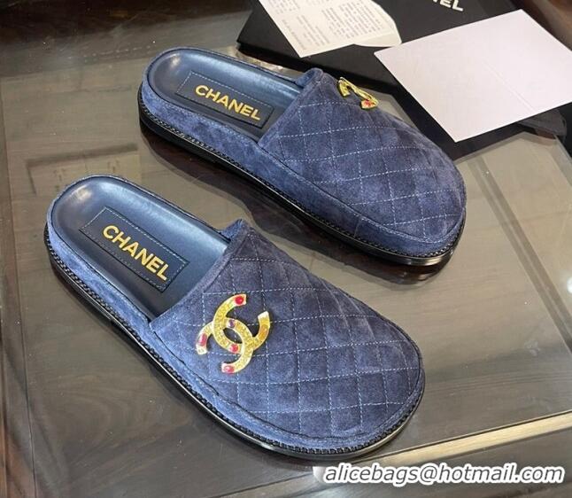 Classic Specials Chanel Suede Flat Mules G38648 Blue 071814 