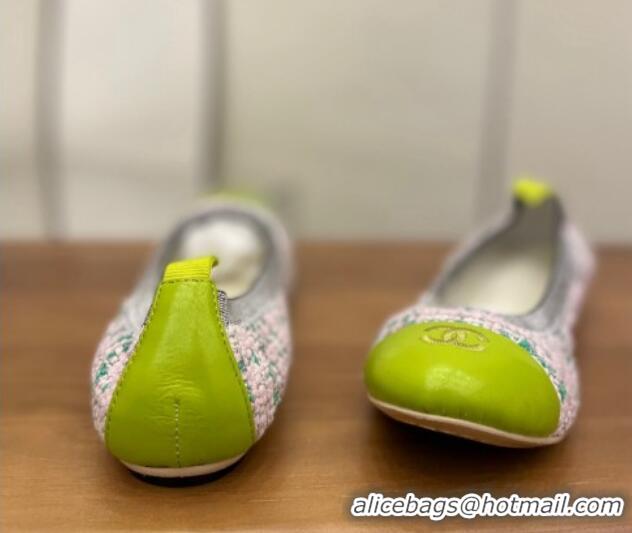 Top Design Chanel Tweed Ballerinas Green/Pink 071818