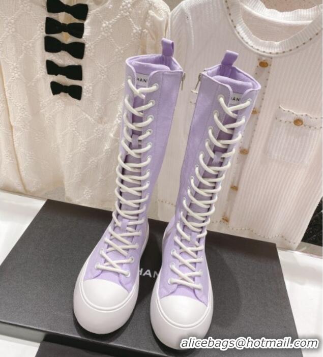 Discount Chanel Canvas Platform High Boots 5cm Purple 071844