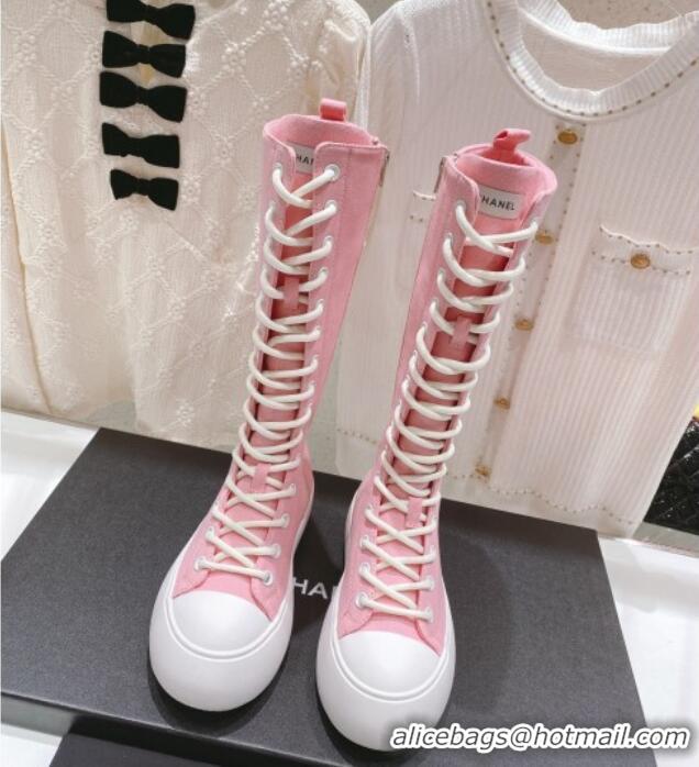 Purchase Chanel Canvas Platform High Boots 5cm Pink 071845